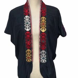 Anthropologie One September Navy Boho Geometric Embroidered Cardigan Small
